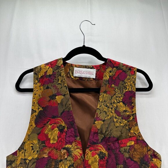 LadySansabelt Jaymar Ruby Vtg Floral Vest Women 6 Lined Adjustable Tie Brown Red - Picture 3 of 11